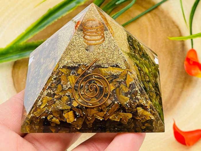 Tiger Eye Orgone Pyramid with Reiki Sign & Clear Quartz Point | Tiger Eye Orgonite Pyramid | Reiki Chakra Pyramid | 3 inch