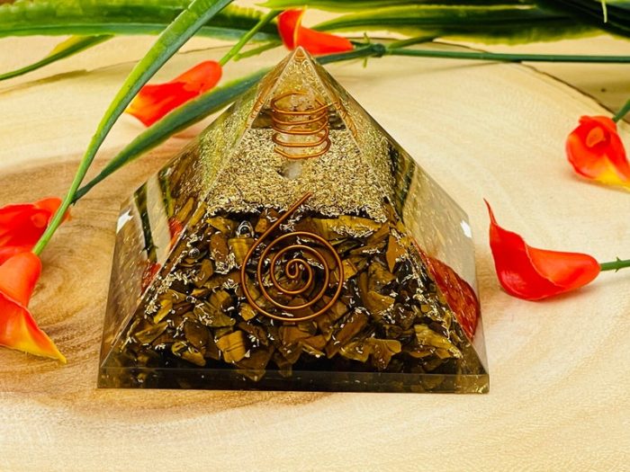 Tiger Eye Orgone Pyramid with Reiki Sign & Clear Quartz Point | Tiger Eye Orgonite Pyramid | Reiki Chakra Pyramid | 3 inch