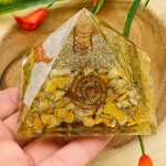 Yellow Aventurine Orgone Pyramid with Reiki Sign & Clear Quartz Point | Yellow Aventurine Orgonite Pyramid | Reiki Chakra Pyramid | 3 inch