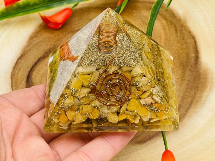 Yellow Aventurine Orgone Pyramid with Reiki Sign & Clear Quartz Point | Yellow Aventurine Orgonite Pyramid | Reiki Chakra Pyramid | 3 inch