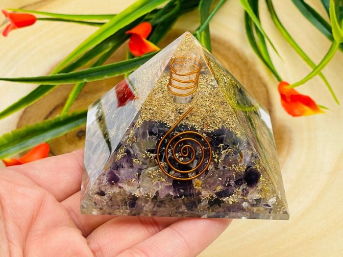 Amethyst Orgone Pyramid With Reiki Sign & Clear Quartz Point | Amethyst Orgonite Pyramid | Reiki Chakra Pyramid | 3 inch