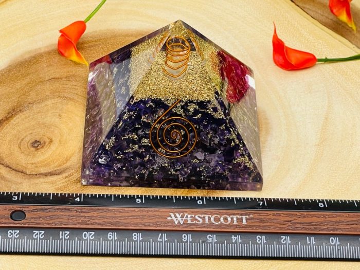 Fluorite Orgone Pyramid with Reiki Sign & Clear Quartz Point | Fluorite Orgonite Pyramid | Reiki Chakra Pyramid | 3 inch