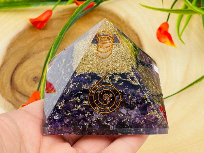 Fluorite Orgone Pyramid with Reiki Sign & Clear Quartz Point | Fluorite Orgonite Pyramid | Reiki Chakra Pyramid | 3 inch