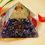 Fluorite Orgone Pyramid with Reiki Sign & Clear Quartz Point | Fluorite Orgonite Pyramid | Reiki Chakra Pyramid | 3 inch