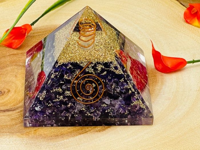 Fluorite Orgone Pyramid with Reiki Sign & Clear Quartz Point | Fluorite Orgonite Pyramid | Reiki Chakra Pyramid | 3 inch