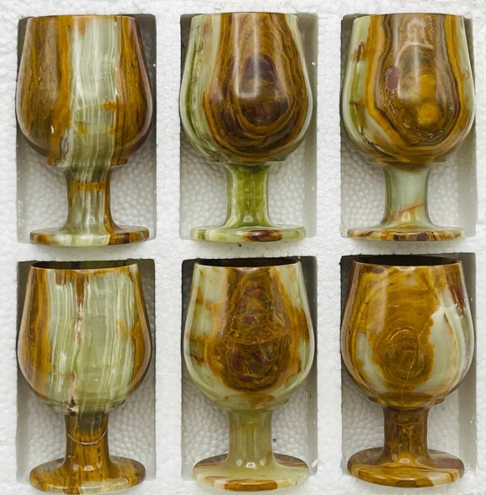 Set of 6 Banded Green Onyx Sherry Glasses | Wine Glasses | Onyx Goblet Glassware | Decorative & Drinking Glasses | Detergent Safe | 3" X 5"