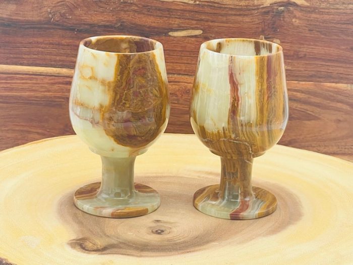 Set of 6 Banded Green Onyx Sherry Glasses | Wine Glasses | Onyx Goblet Glassware | Decorative & Drinking Glasses | Detergent Safe | 3" X 5"