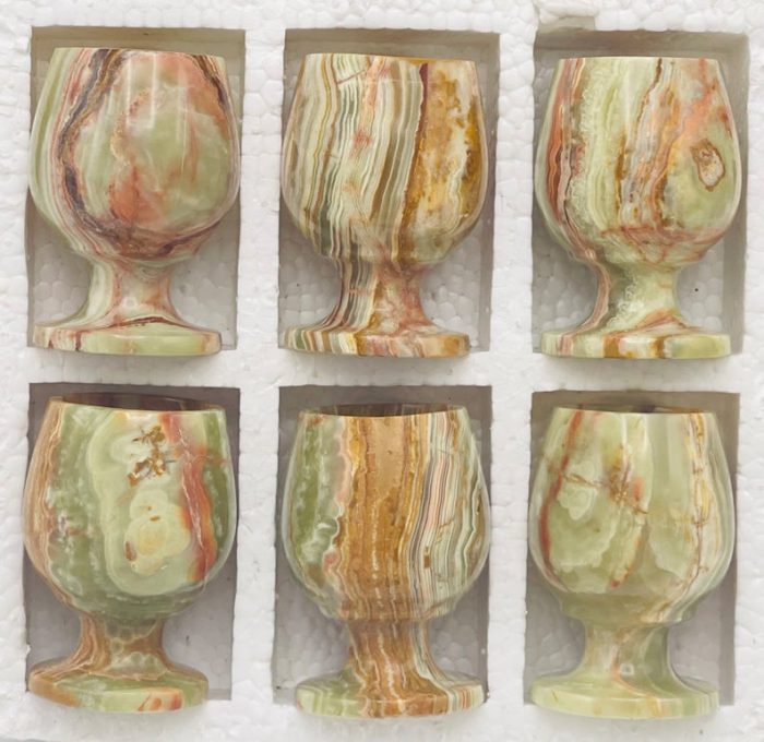 Set of 6 Banded Green Onyx Sherry Glasses | Wine Glasses | Onyx Goblet Glassware | Decorative & Drinking Glasses | Detergent Safe | 3" X 2"