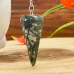 Moss Agate Crystal Pendulum With Silver Plated Chain | Moss Agate Point Pendulum | Healing Dowsing Energy Balancing | Faceted
