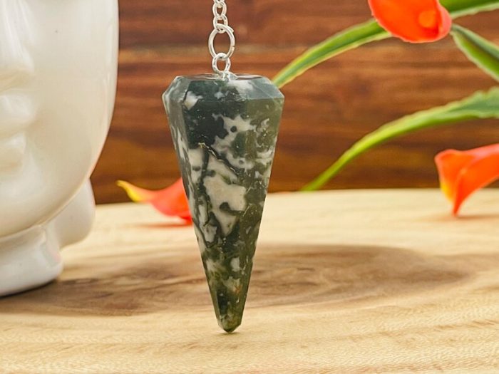 Moss Agate Crystal Pendulum With Silver Plated Chain | Moss Agate Point Pendulum | Healing Dowsing Energy Balancing | Faceted