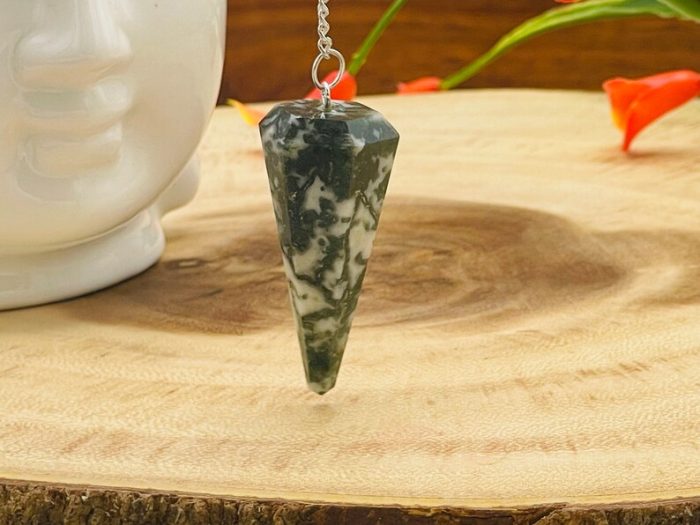 Moss Agate Crystal Pendulum With Silver Plated Chain | Moss Agate Point Pendulum | Healing Dowsing Energy Balancing | Faceted