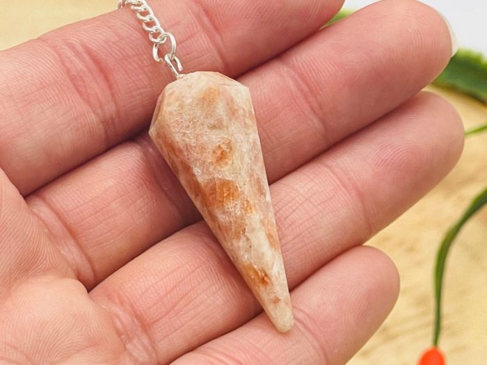 Sunstone Crystal Pendulum With Silver Plated Chain | Sunstone Point Pendulum | Healing Dowsing Energy Balancing | Faceted