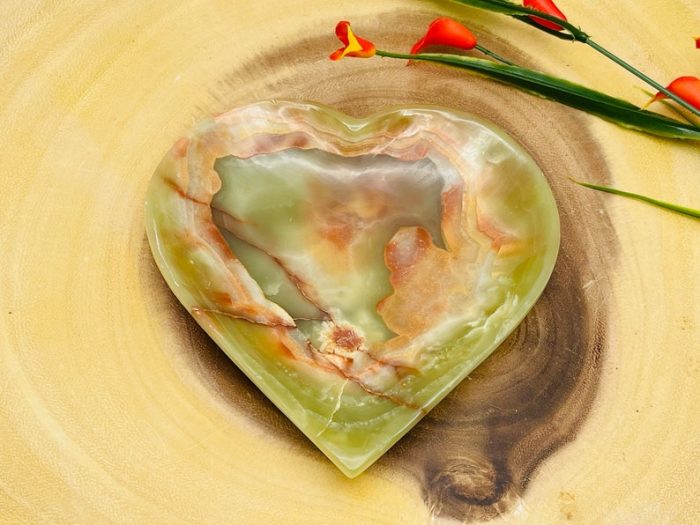 Banded Green Onyx Tray | Hand Carved Heart Shape Tray | Detergent Safe | Onyx Crystal Charging Plate | Home Decor