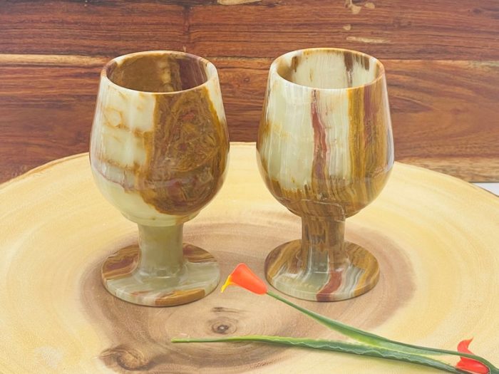 Set of 6 Banded Green Onyx Sherry Glasses | Wine Glasses | Onyx Goblet Glassware | Decorative & Drinking Glasses | Detergent Safe | 3" X 5"