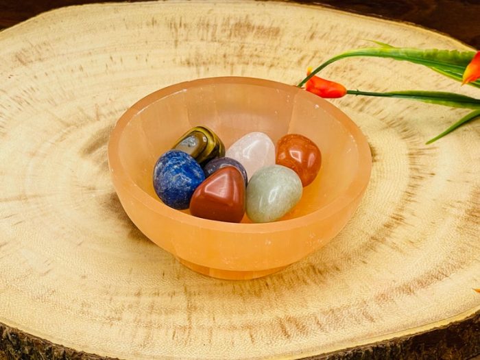 Orange Selenite Pedestal Bowl with 7 Chakra Tumbled Gemstones & Velvet Pouch | Charging Station | Chakra Tumbled Rocks | Chakra Crystals