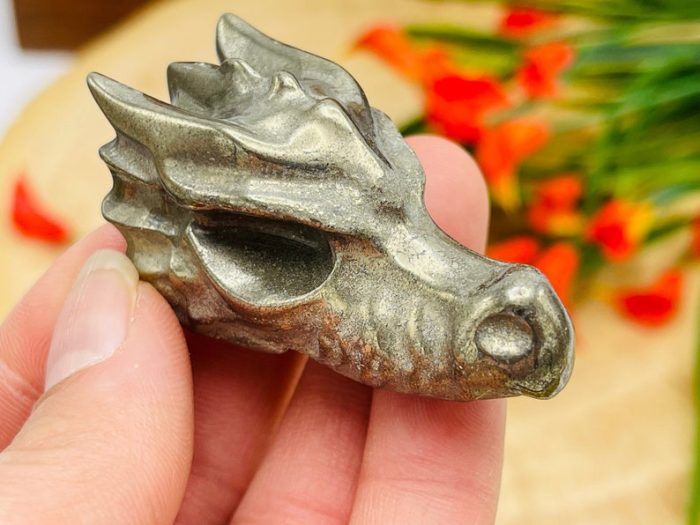 Pyrite Crystal Dragon Head | Pyrite Fools Gold Dragon Skull | Realistic Details | Healing Fine Art Sculpture | 2 Inch