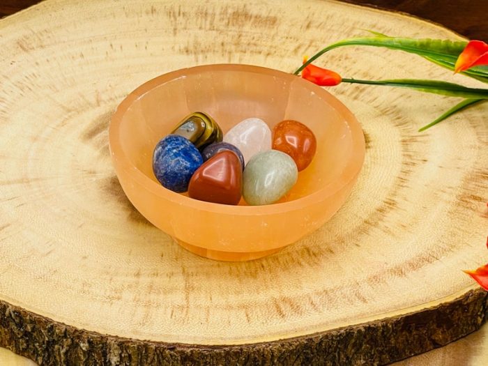 Orange Selenite Pedestal Bowl with 7 Chakra Tumbled Gemstones