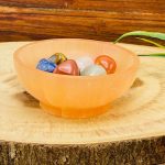 Orange Selenite Pedestal Bowl with 7 Chakra Tumbled Gemstones & Velvet Pouch | Charging Station | Chakra Tumbled Rocks | Chakra Crystals