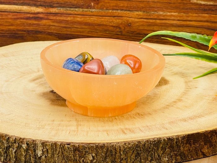 Orange Selenite Pedestal Bowl with 7 Chakra Tumbled Gemstones & Velvet Pouch | Charging Station | Chakra Tumbled Rocks | Chakra Crystals