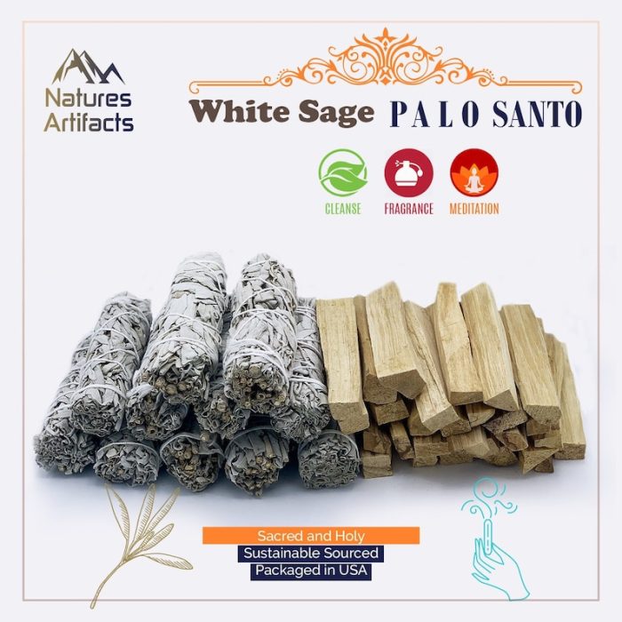 Set of White Sage and Palo Santo | Home Smudging | Sacred and Holy Herb and Wood Stick | Cleanse Your Home and Aura | 4 inch