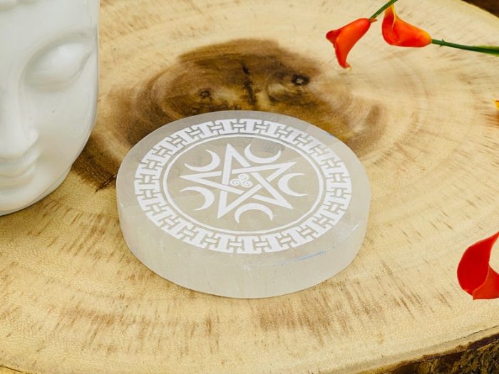 Selenite Charging Plate Etched with Moon and Star | Round Charging Plate | Chakra Activator | Powerful Healer | Crystal Plate | 3 inch