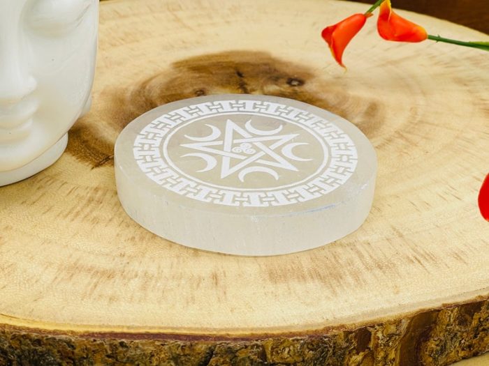 Selenite Charging Plate Etched with Moon and Star | Round Charging Plate | Chakra Activator | Powerful Healer | Crystal Plate | 3 inch