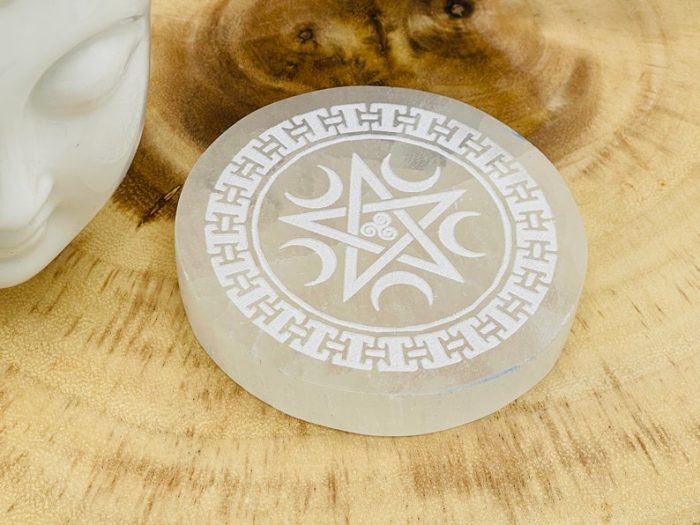 Selenite Charging Plate Etched with Moon and Star | Round Charging Plate | Chakra Activator | Powerful Healer | Crystal Plate | 3 inch