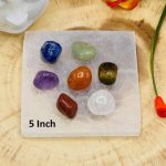 7 Chakra Tumbled Stone Set With Velvet Pouch and Selenite Square Charging Plate | Polished Stone | Chakra Healing Crystals | 5 inch