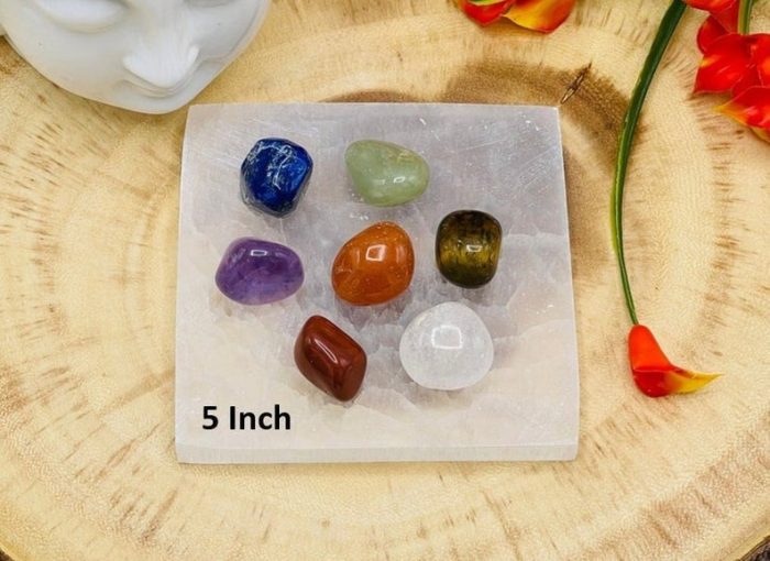 7 Chakra Tumbled Stone Set With Velvet Pouch and Selenite Square Charging Plate | Polished Stone | Chakra Healing Crystals | 5 inch