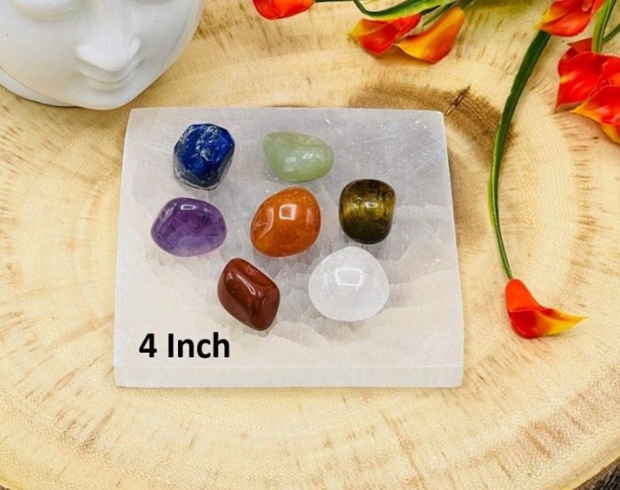 7 Chakra Tumbled Stone Set With Velvet Pouch and Selenite Square Charging Plate | Tumbled Crystals | Chakra Healing Crystal