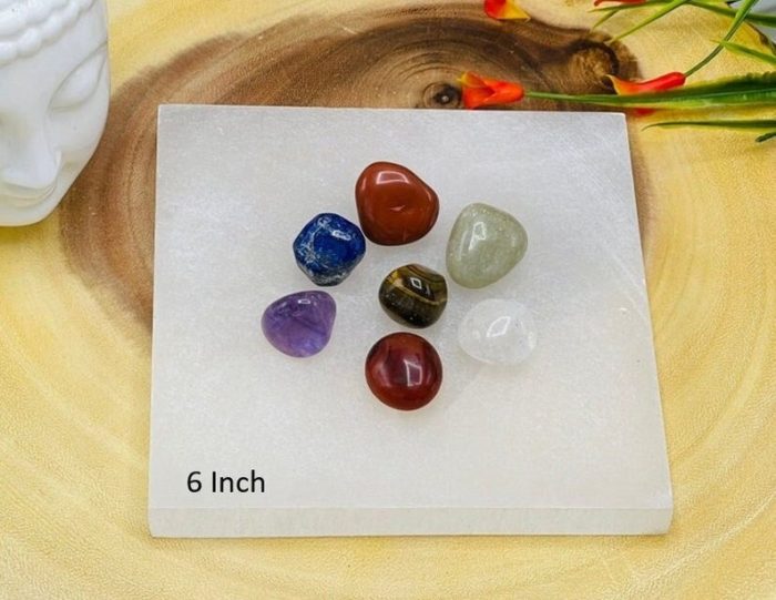 7 Chakra Tumbled Stone Set With Velvet Pouch and Selenite Square Charging Plate | Polished Stone | Chakra Healing | Selenite Crystal