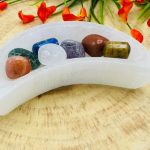 6" Selenite Crescent Moon Shape Charging Bowl With 7 Chakra Tumbled Stones | Velvet Pouch | Chakra Activator | Reiki | Charging Station
