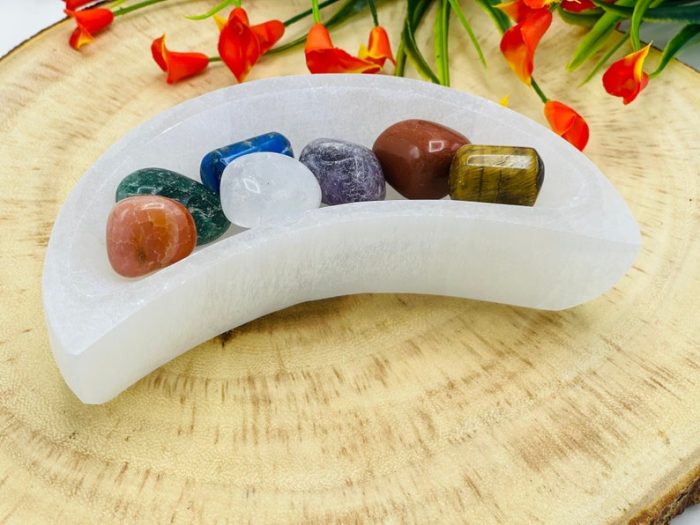 6" Selenite Crescent Moon Shape Charging Bowl With 7 Chakra Tumbled Stones | Velvet Pouch | Chakra Activator | Reiki | Charging Station