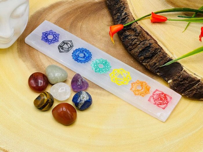 Selenite Charging Station Etched Bar With 7 Chakra Colored Signs & 7 Chakra Tumbled Stones | Charging Plate | Chakra Activator | Reiki