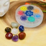 Selenite Charging Station Etched Plate With 7 Chakra Colored  Signs & 7 Chakra Tumbled Stones | Charging Plate | Chakra Activator | Reiki