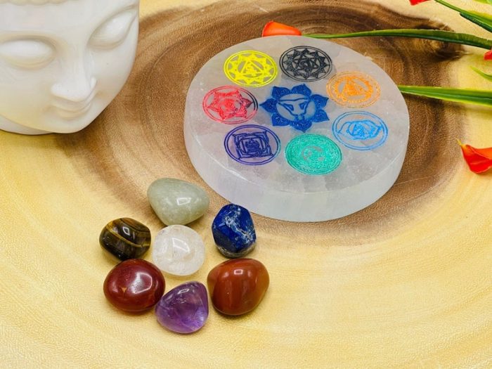 Selenite Charging Station Etched Plate With 7 Chakra Colored Signs & 7 Chakra Tumbled Stones | Charging Plate | Chakra Activator | Reiki