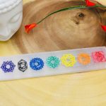 Selenite Charging Station Etched Bar With 7 Chakra Colored Signs | Charging Plate | Chakra Activator | Reiki | Chakra Crystal Cleanser | 8"