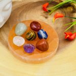Orange Selenite Round Charging Station with Chakra Tumbled Stones & Velvet pouch | Selenite Plate | Chakra Activator | Metaphysical