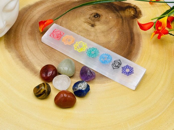 Selenite Charging Station Etched Bar With 7 Chakra Colored Signs & 7 Chakra Tumbled Stones | Charging Plate | Chakra Activator | Reiki