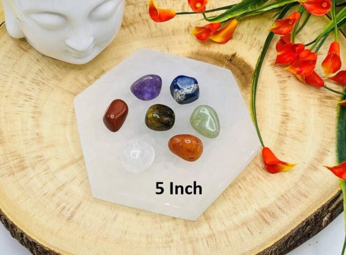 Selenite Hexagon Charging Station With Chakra Tumbled Stones | Hexagon Plate | Chakra Activator | Metaphysical