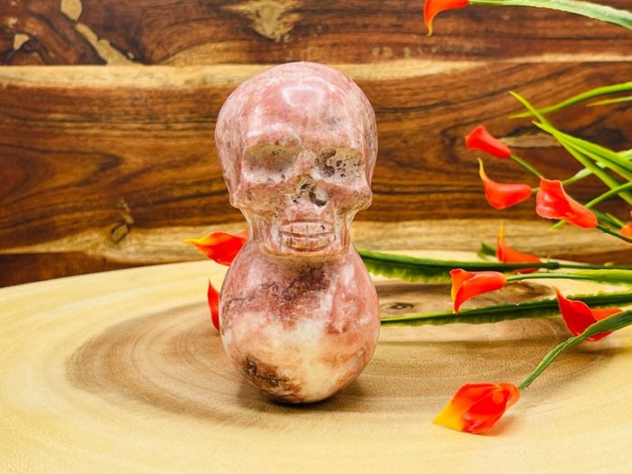 Strawberry Pink Onyx Two Sided Stacked Skull | Realistic Details | Front & Back | Healing Crystal | Fine Art Sculpture | Reiki Skull