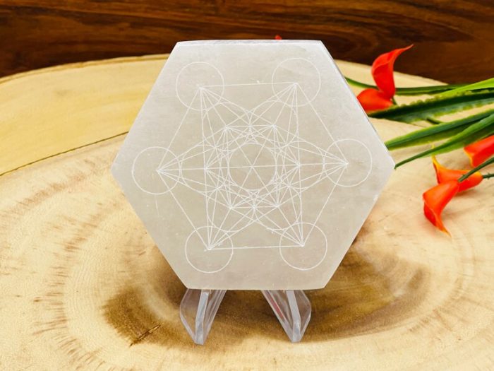 Metatron's Cube Etched Design Selenite Charging Station | Hexagon Charging Plate | Chakra Activator | Powerful Healer | 4 inch & 5 inch