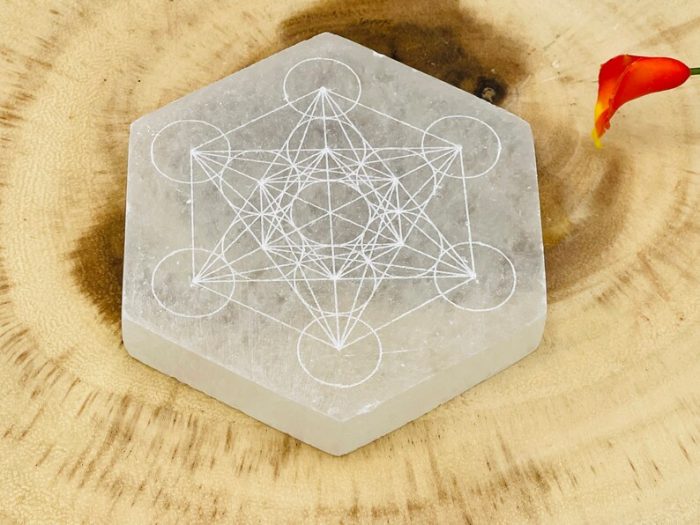 Metatron's Cube Etched Design Selenite Charging Station | Hexagon Charging Plate | Chakra Activator | Powerful Healer | 4 inch & 5 inch