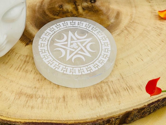 Selenite Charging Plate Etched with Moon and Star | Round Charging Plate | Chakra Activator | Powerful Healer | Crystal Plate | 3 inch