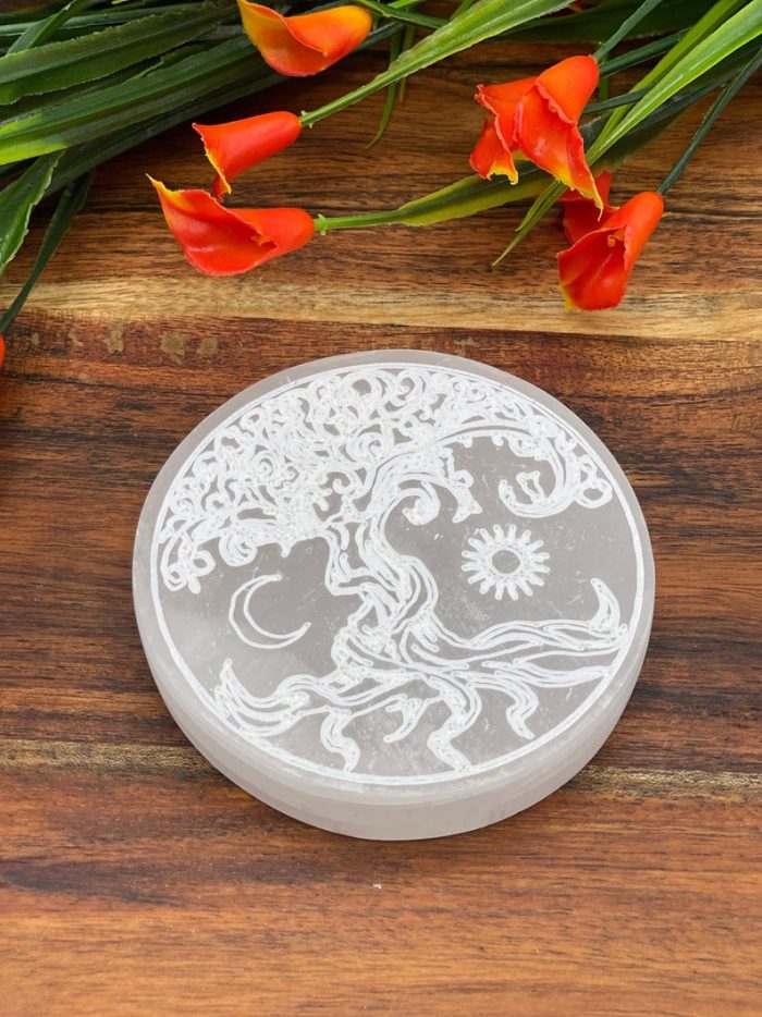 Selenite Charging Station Etched with Tree of Life Design | Round Charging Plate | Chakra Activator | Meditation | Powerful Healer | 3 inch