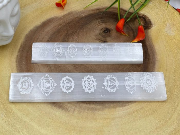 Selenite Charging Station Etched with 7 Chakra Signs | Flat Rectangular Plate | Chakra Activator | Spiritual Growth | Meditation | 6" & 8"