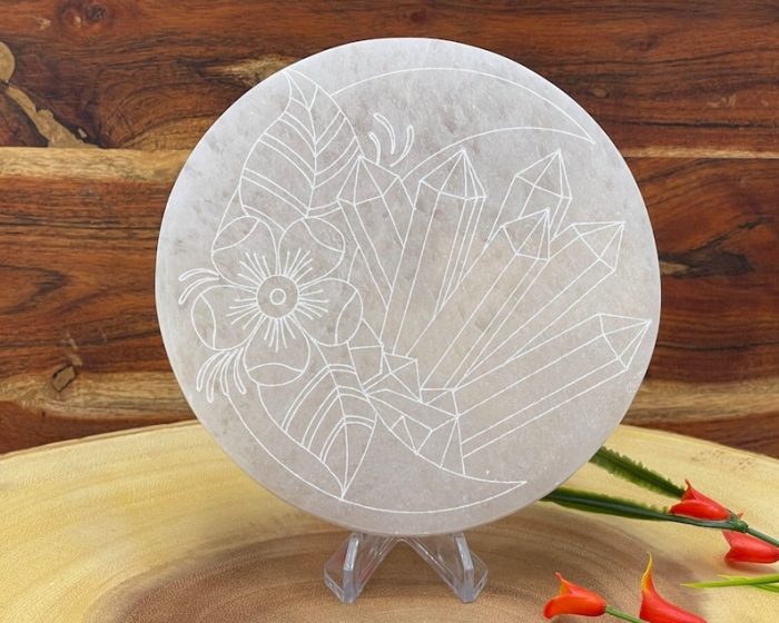 Selenite Charging Station | Round Charging Moon Etched Plate | Chakra Activator | Meditation | Powerful Healer | Crystal Plate | 6" (15 cm)