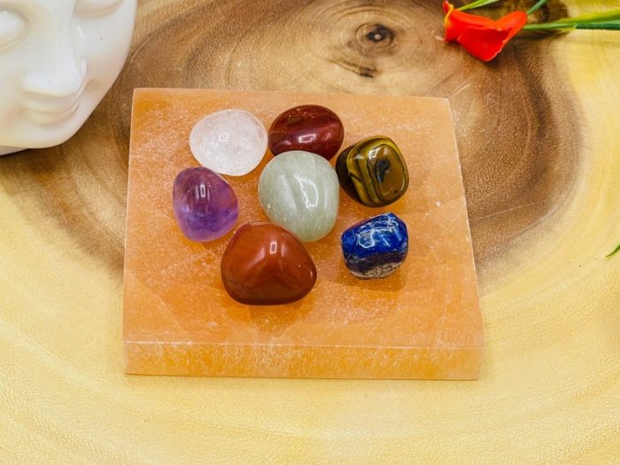 Orange Selenite Square Charging Station With Chakra Tumbled Stones & Velvet Pouch | Healing Crystal | Chakra Activator | Metaphysical