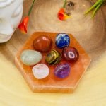 Orange Selenite Hexagon Charging Station With Chakra Tumbled Stones & Velvet Pouch | Hexagon Plate | Chakra Activator | Metaphysical