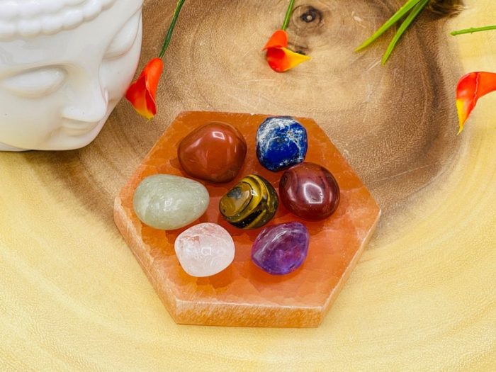 Orange Selenite Hexagon Charging Station With Chakra Tumbled Stones & Velvet Pouch | Hexagon Plate | Chakra Activator | Metaphysical